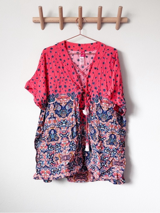 Red Carter Tops - Red Carter Red Boho Tie-Front Tunic with Multicolor Mosaic Print